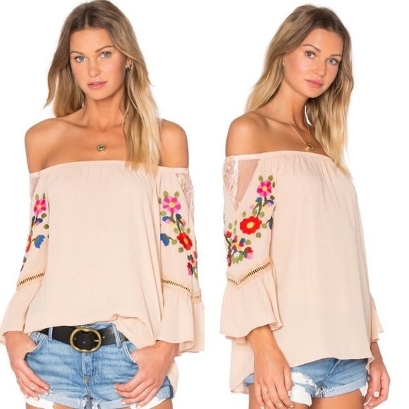 Revolve Vava by Joy Han Kaciee Off Shoulder Top Size Small Embroidered Bohemian - Picture 2 of 10